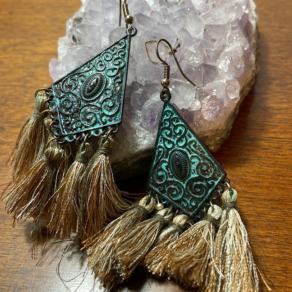 Bohemian turquoise blue fringe earrings